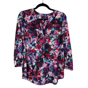NYDJ Colourful Watercolour Long Sleeve Popover Blouse Medium Pink Purple